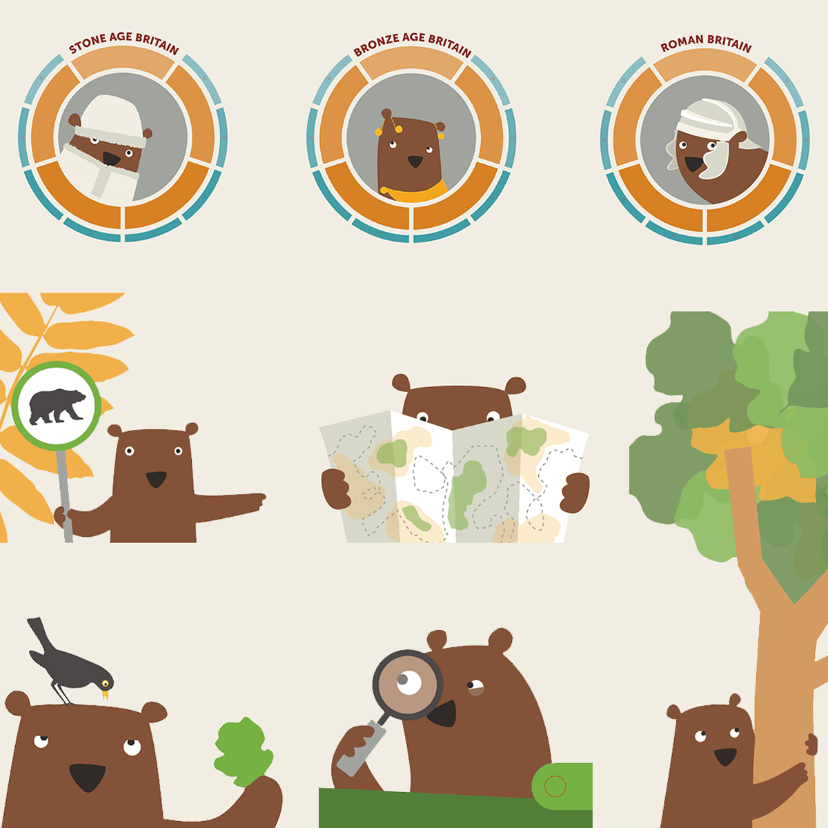 Close-ups of Little Bear the exhibit mascot that appears throughout the interpretation