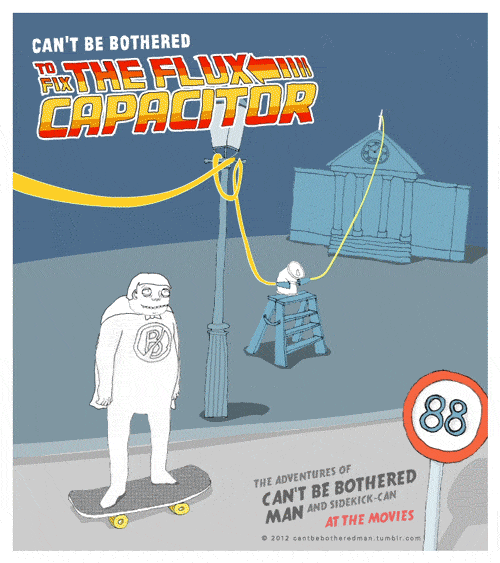 Can't be bothered to fix the flux capacitor. Rough cartoon doodle of the lighning strike scene from Back to the Future with our hero standing on a skateboard and touching a live cable