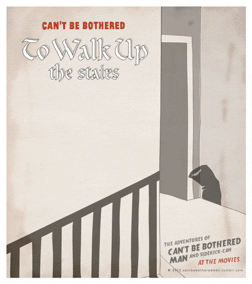 Can't be bothered to walk up the stairs. Rough cartoon doodle of the staircase scene from Nosferatu with our hero emerging with a threatening shadow on a stair lift