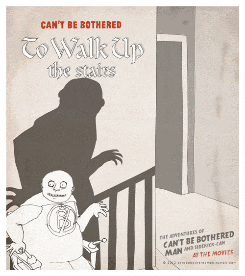 Can't be bothered to walk up the stairs. Rough cartoon doodle of the staircase scene from Nosferatu with our hero emerging with a threatening shadow on a stair lift