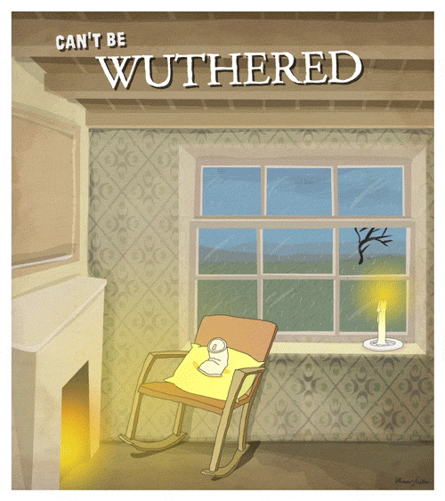 Can't be wuthered. Rough cartoon doodle of the candle in the window bit from Wuthering Heights with our hero dancing Kate Bush outside in a storm