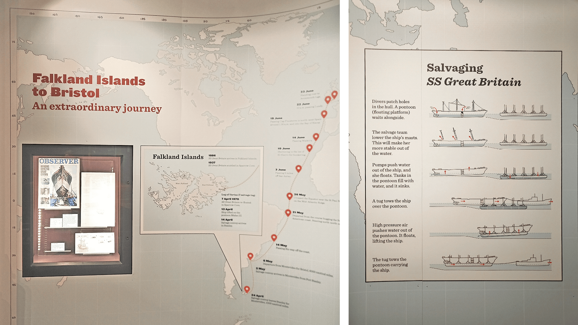 Full artwork for the panel showing the whole world map and the extend of the journey with location pins, dates and logbook excerpts