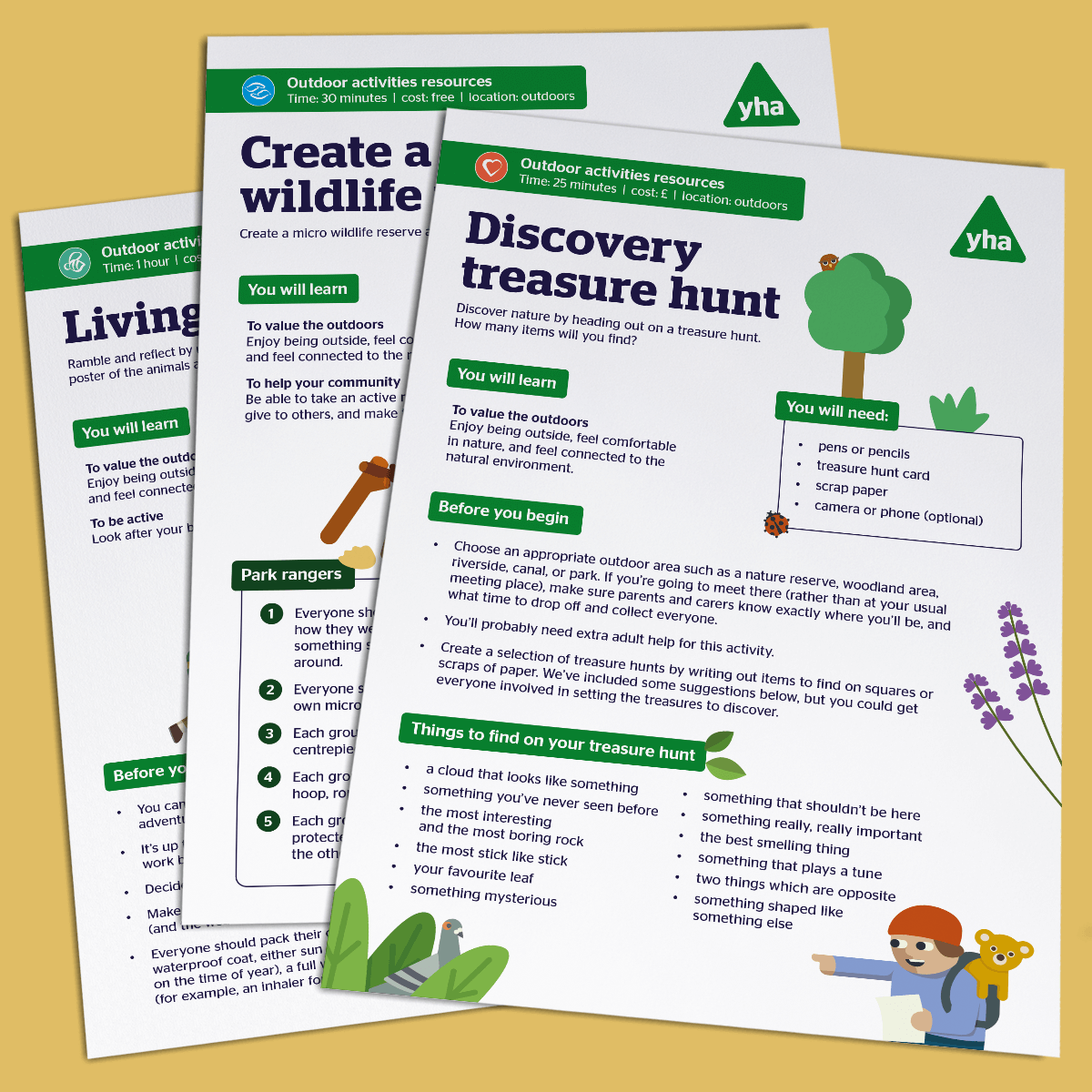 Illustrated kids' activity sheets from the connectign with nature series