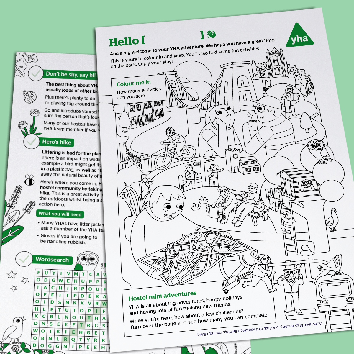 Illustrated kids' activity and colouring-in sheets with quizzes, activity ideas and puzzles