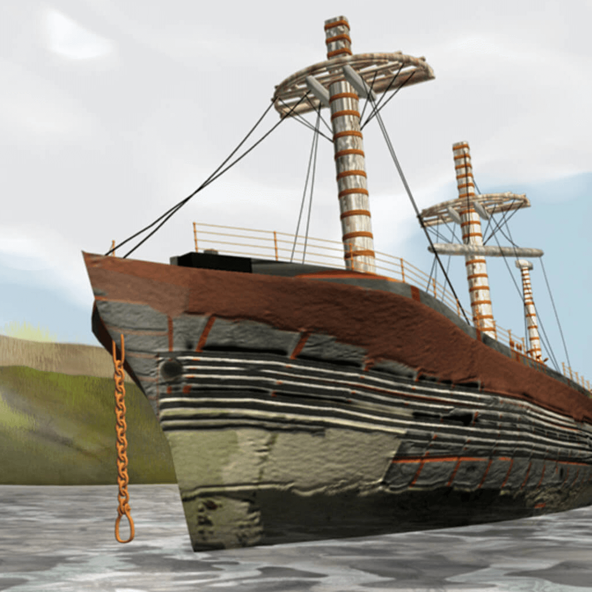 Filmstill from part 1: The Salvage showing a 3D rendered model of the SS Great Britain as a shipwreck in an illustration of Sparrow Cove Falkland Islands