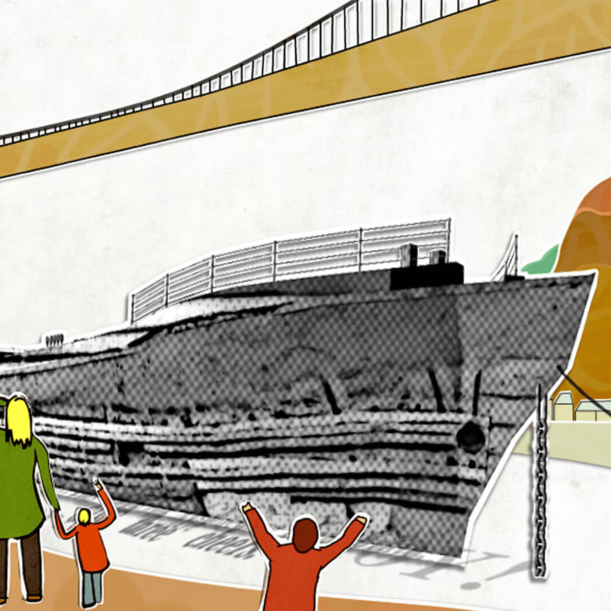 Filmstill from part 3: The Homecoming showing a 2D newspaper-style rendering of the SS Great Britain floating on top of newspaper clippings under an illustration of the Clifton Suspension Bridge