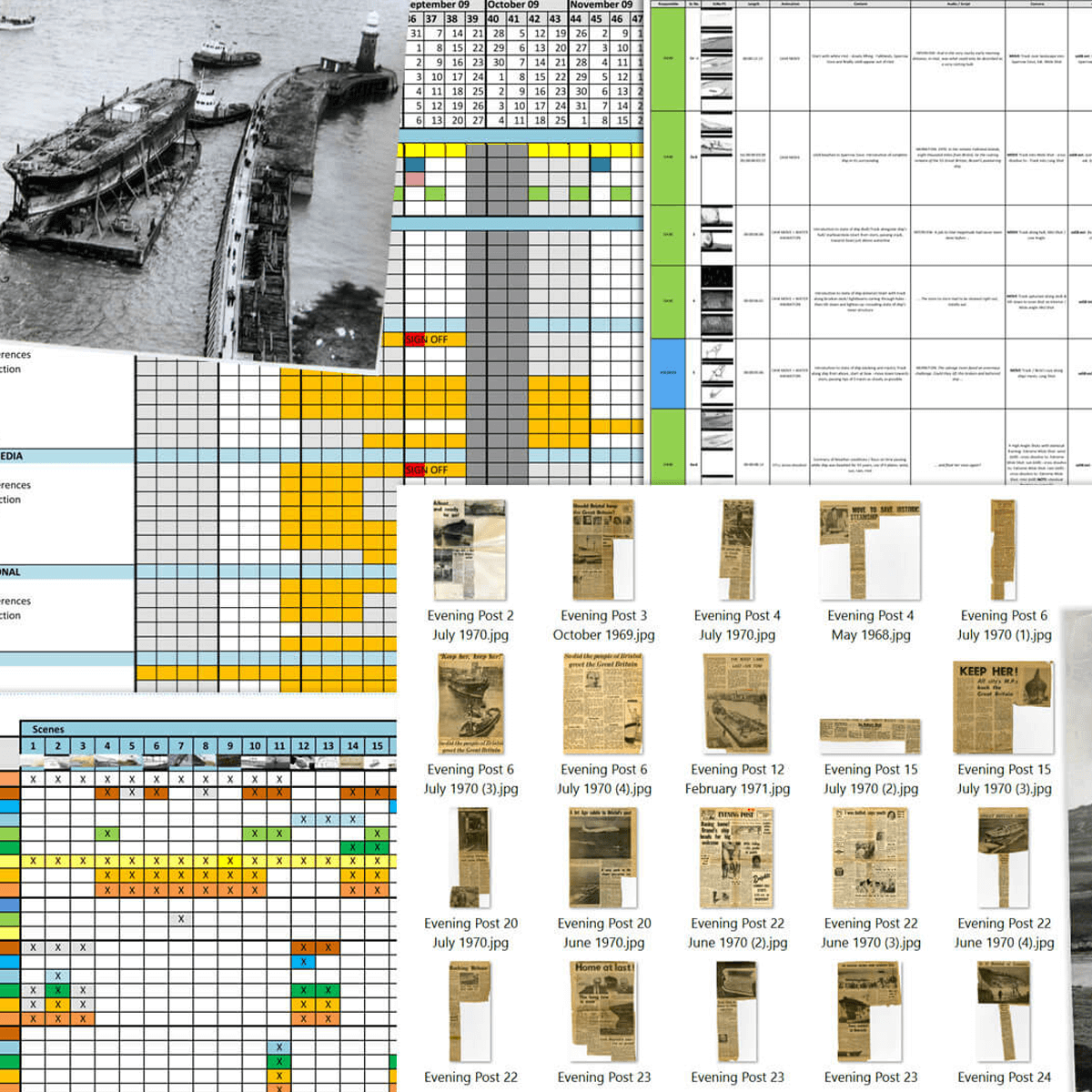Production diary with archive material log, crew production schedule and scene status 