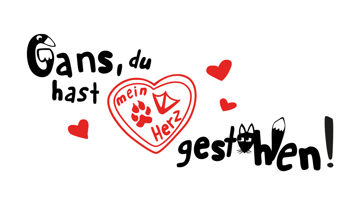German play title Gans du hast mein Herz gestohlen with goose, fox and heart doodles