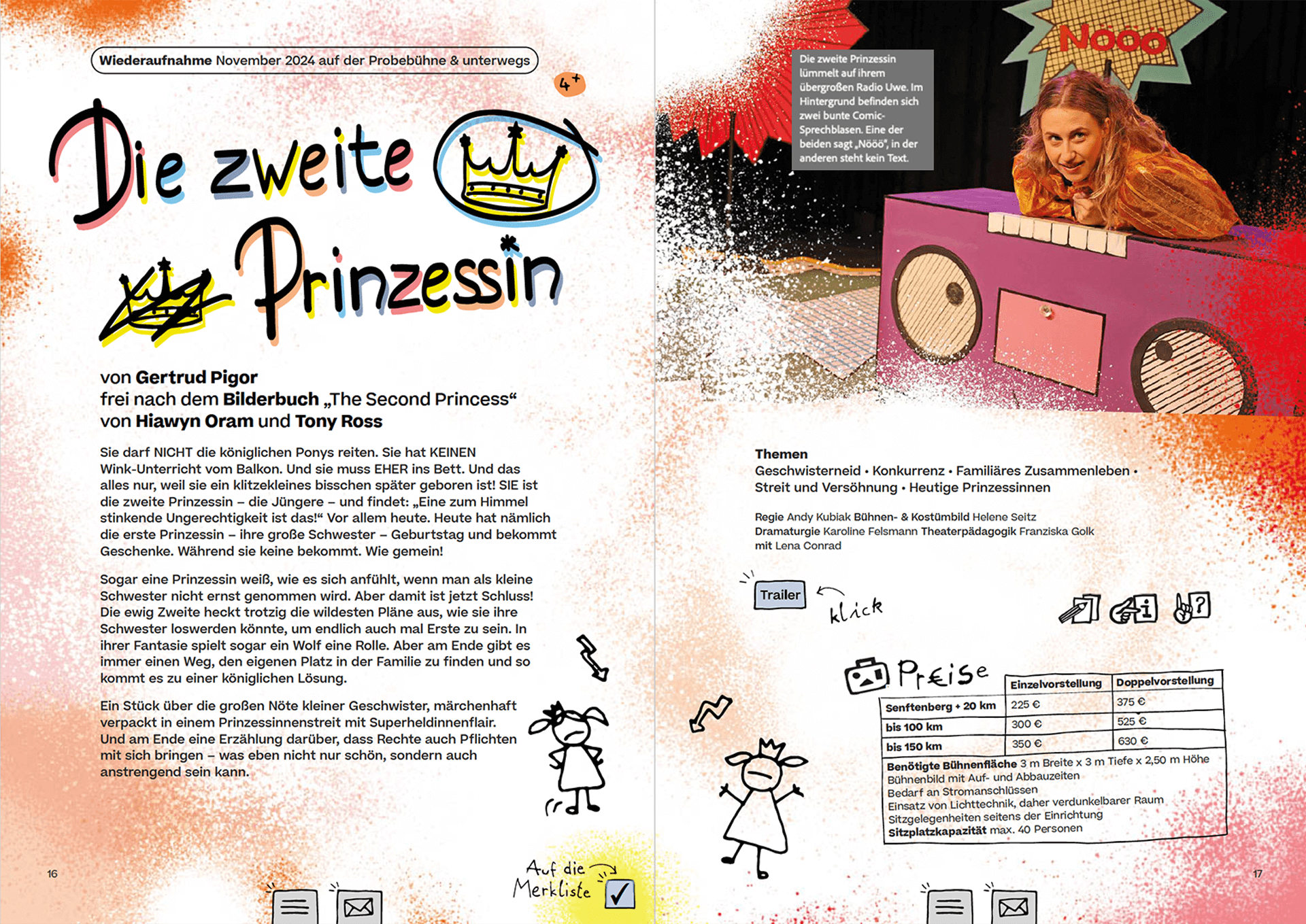 Brochure spread in German for the play The second princess with hand-drawn title, a text-block with information about the play, a pricing table, a photo from the play with an alternative text box and some doodles