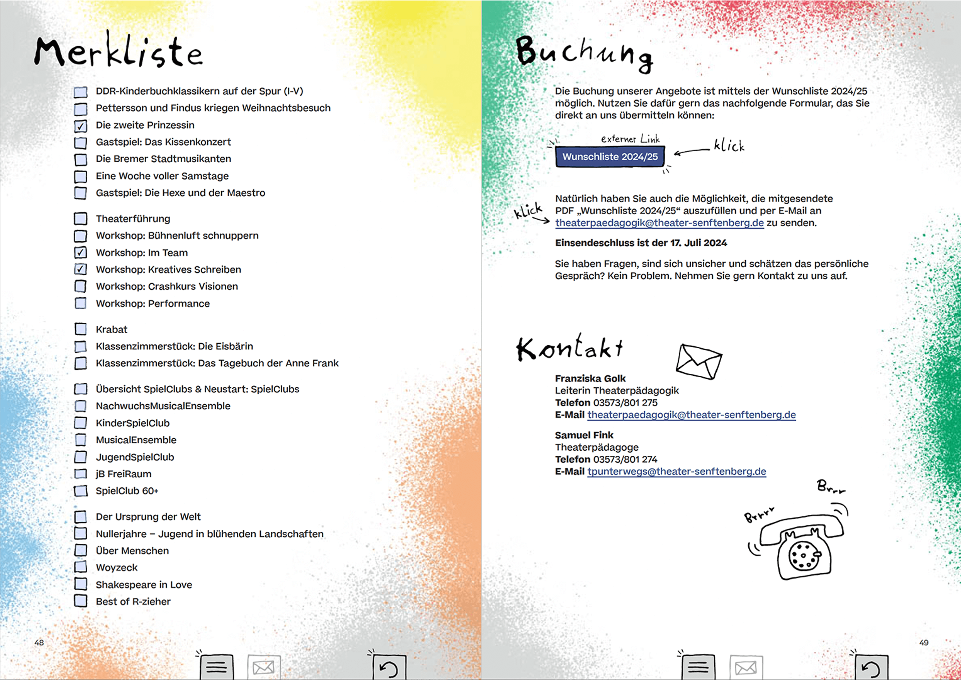 A clickable checklist in German titled ‘watchlist’ that lists all offers as a summary next to the contact details and booking links