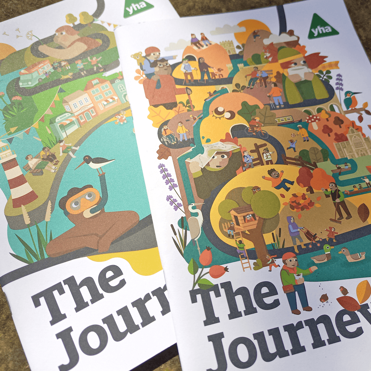 Close-up of a summer and autumn edition showing illustrations of lively populated landscapes