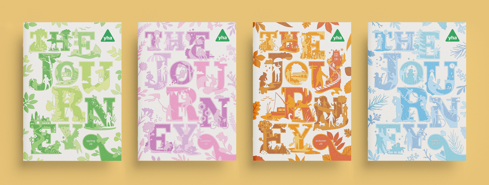 Set of four covers each showing the title in large illustrated letters with seasonal themes