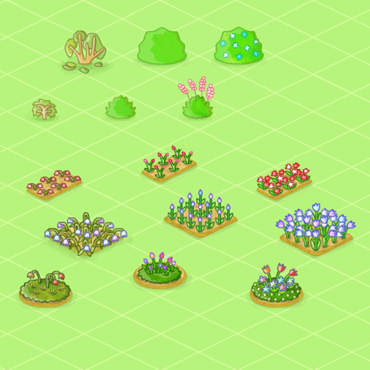 Colourful isometric sprites for park plant beddings in various stages of development