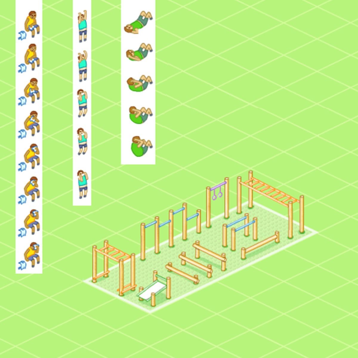 Colourful isometric sprites for communal outdoor gym feature showing people in various poses of sports activities