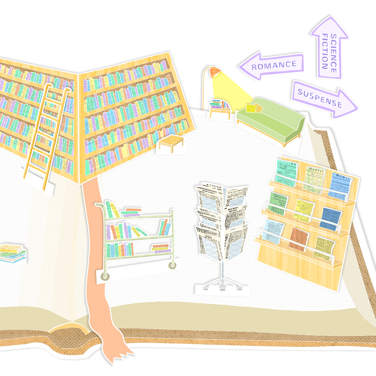 Pop-up illustration of small library with book shelves, a trolley, newspaper stand and sofa