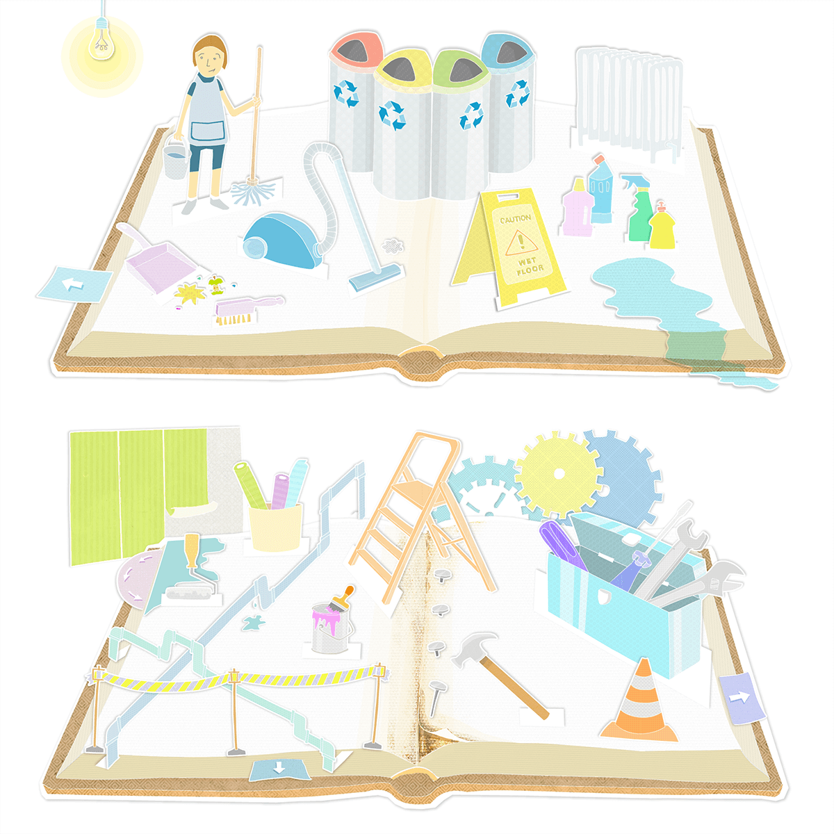 Pop-up illustrations of library maintenance and cleaning costs with cleaning, refuse and recycling costs and renovation, maintenance and upkeep costs