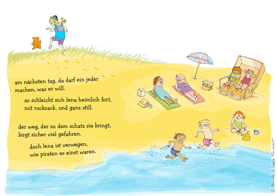 Rough colourful doodle of a group of children enjoying the seaside with one girl in a pirate head sneaking off across the dunes with her teddy to look for treasure