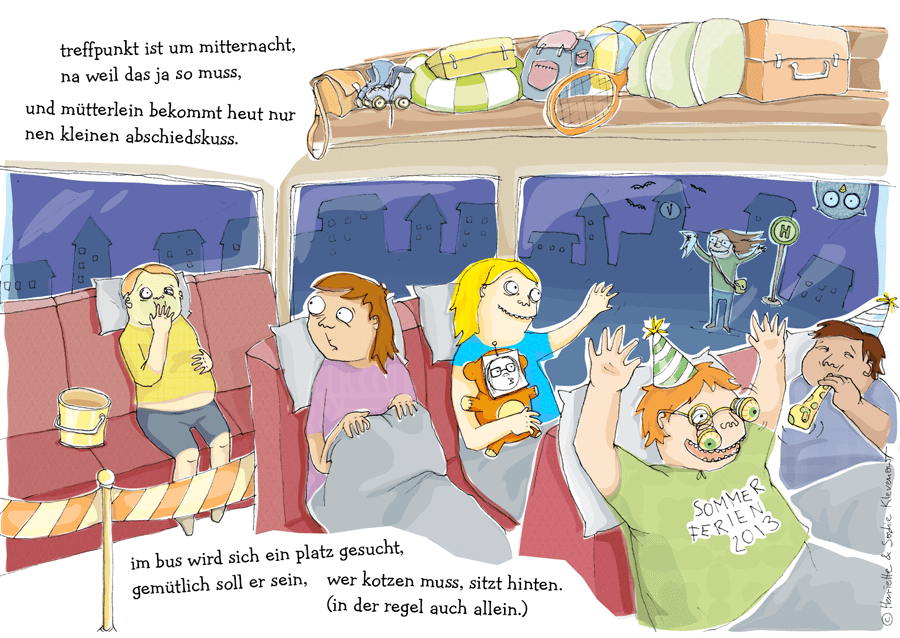 Rough colourful doodle of a group of unruly children on a bus with one greenish looking kid at the back