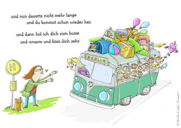 Rough colourful doodle of a VW campervan full of excited children arriving at a bus stop with a mum waiting with raised arms