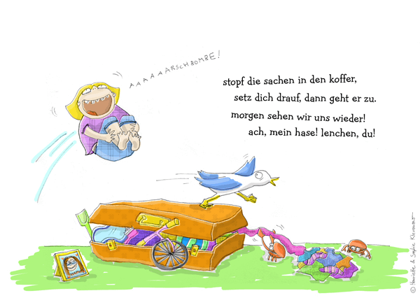 Rough colourful doodle of a girl in mid-jump about to land on her overflowing suitcase with a seagull getting out of the way quick