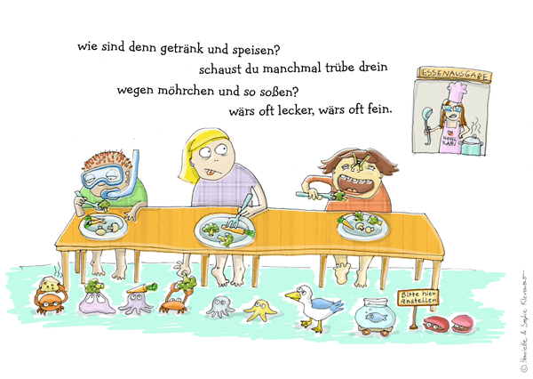 Rough colourful doodle of three children eating at a cafeteria secretly passing their food on to a queue of little sea creatures under the table