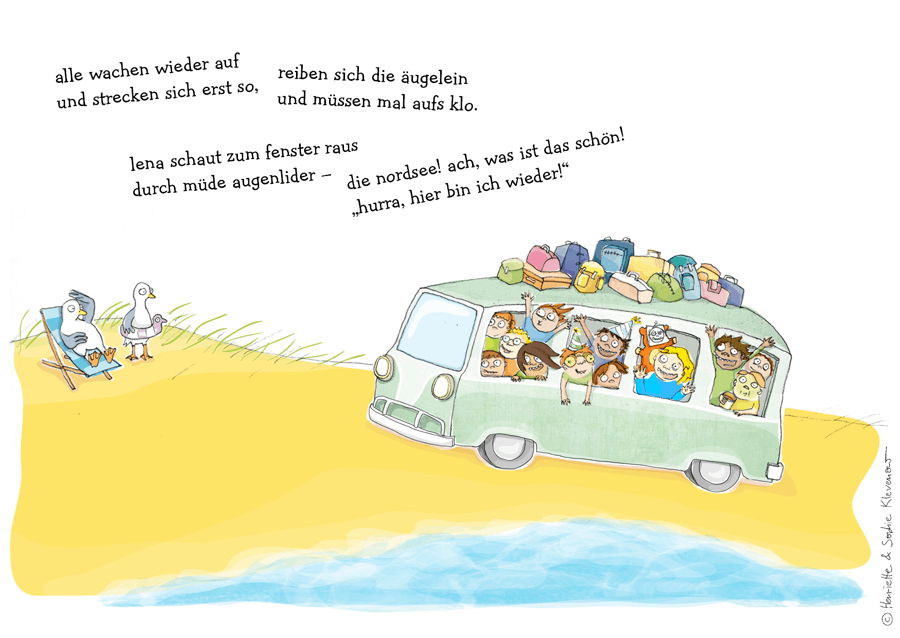 Rough colourful doodle of a VW campervan full of excited children arriving at a beach with two seagulls on beach chairs
