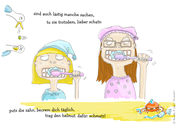 Rough colourful doodle of a girl and her mum brushing their teeth with a little crab squeezing the toothpaste tube