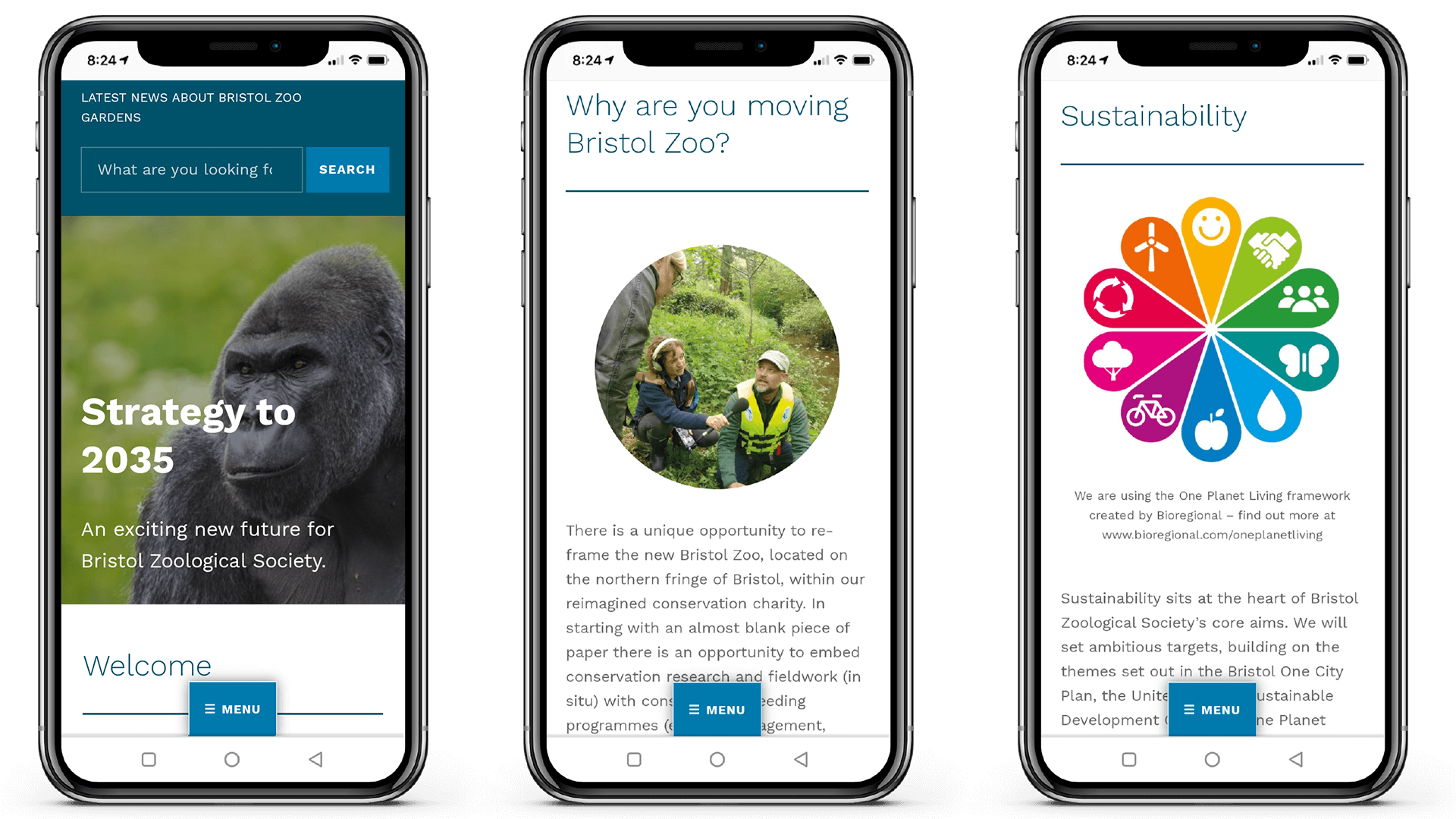 Mobile versions of the homepage, Why are you moving and Sustainability pages
