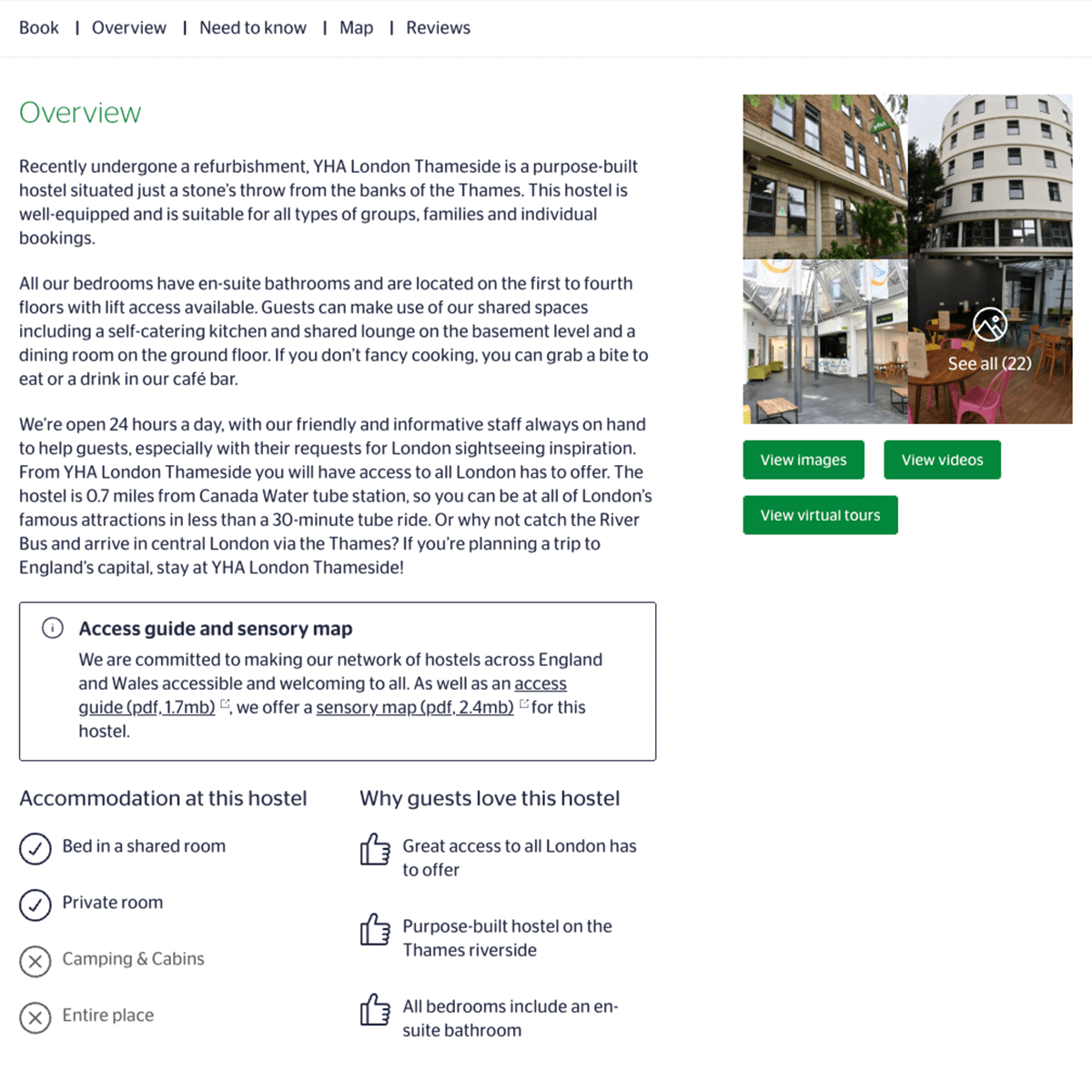 Screenshot of the hostel web page showing a boxed out section with links to access guide and sensory map