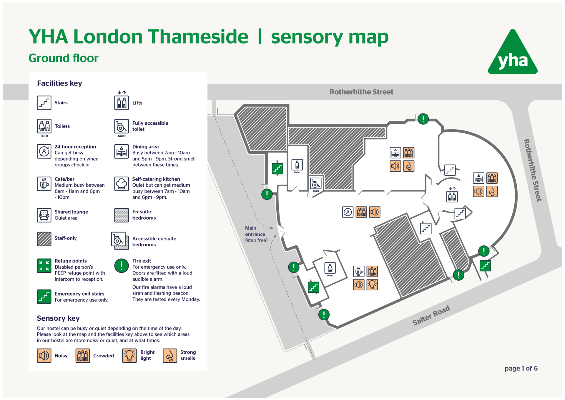 YHA London Thameside sensory map showing a simplified map of the hostel's ground floor with icons indicating fire exits, stairs and sensory keys for areas that are noisy, crowded, have bright light or strong smells