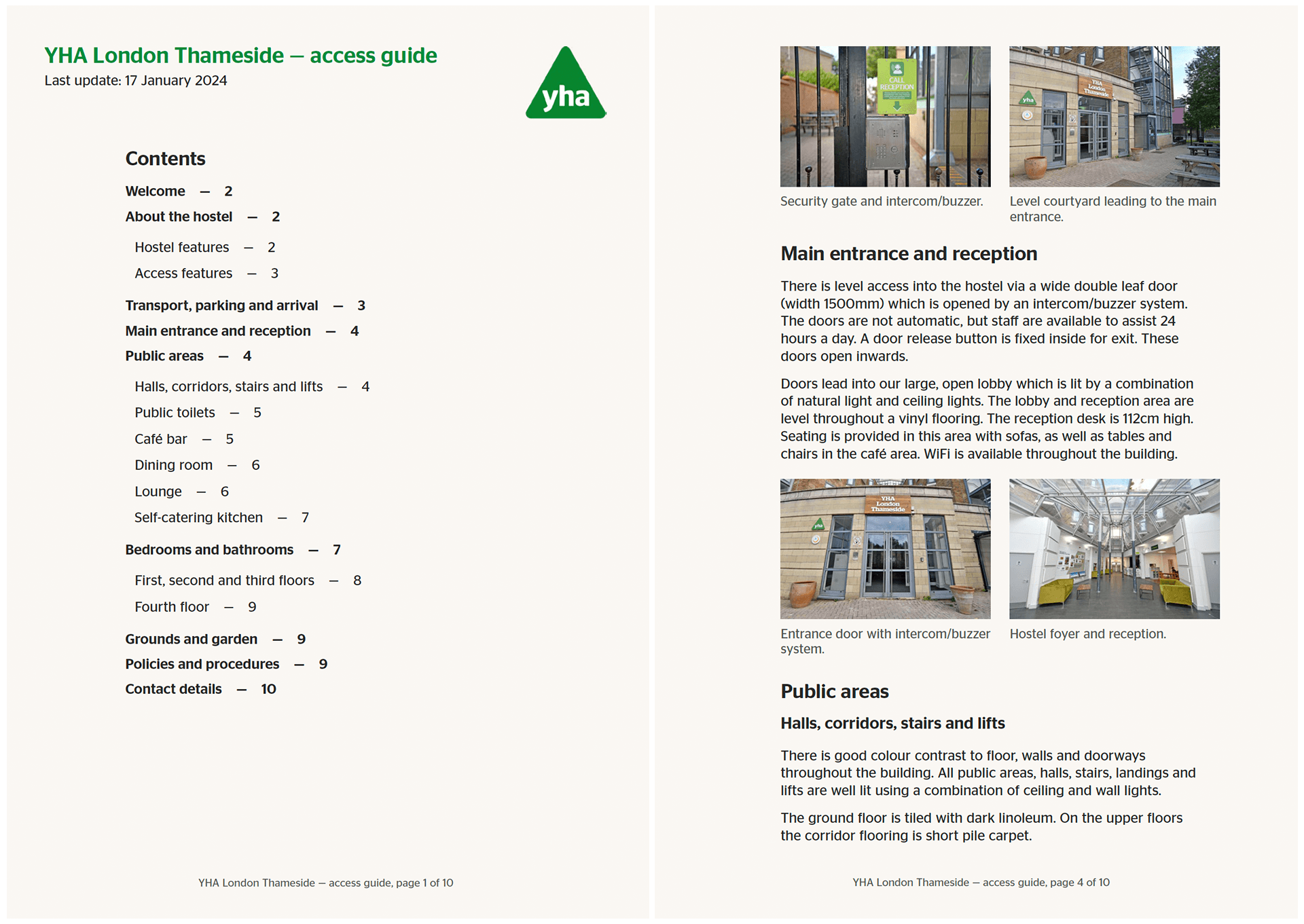 Example pages of the hostel access guide pdf set in clear print on an off-white background with a clickable table of contents and sections about the main entrance and public areas with images