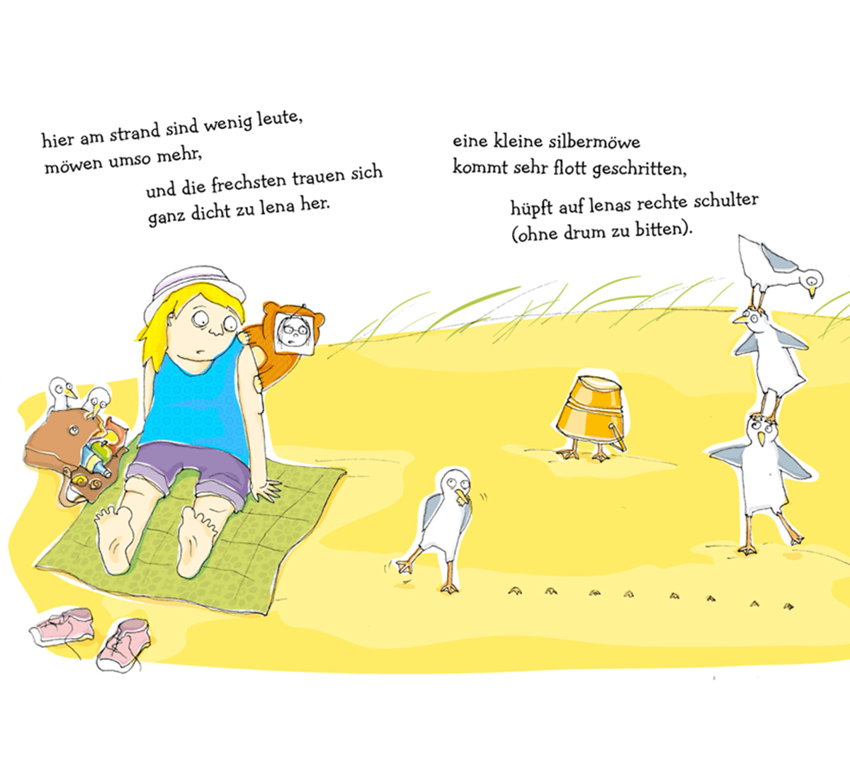 Colourful hand-drawing of a girl and a teddy with a sticky-note face sitting at a beach. To their right 3 seagulls form a wobbly pyramid and creep closer, another seagull sidles by looking shifty