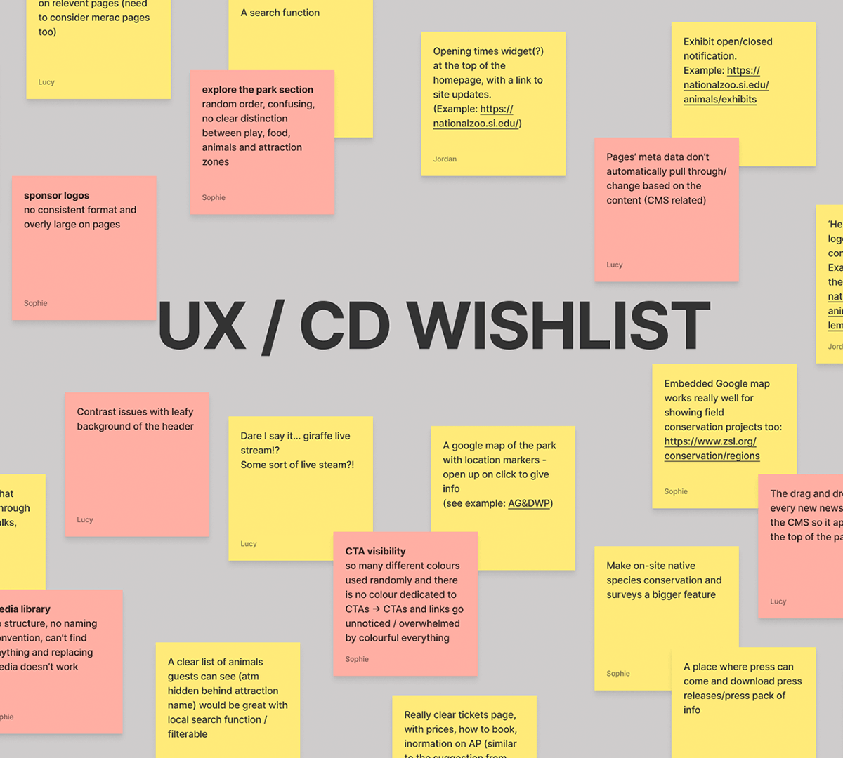 Excerpt of Figma FigJam board called UX and Content Design wishlist with a collection of sticky notes full of ideas for website improvements