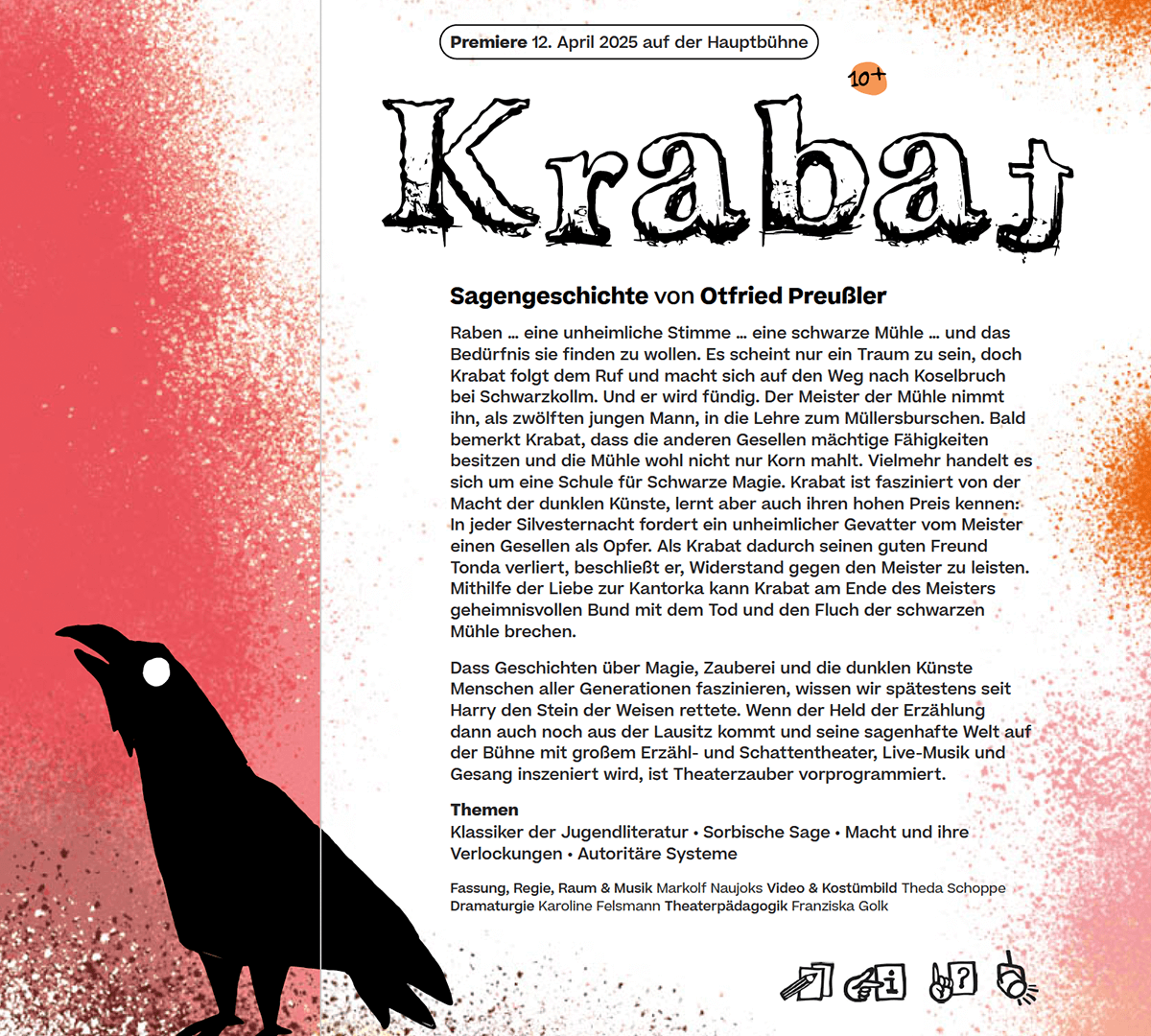 Theatre brochure page about the play Krabat by Otfried Preussler. A black cartoon raven with a white eye stands in front of orange and red colour splatters